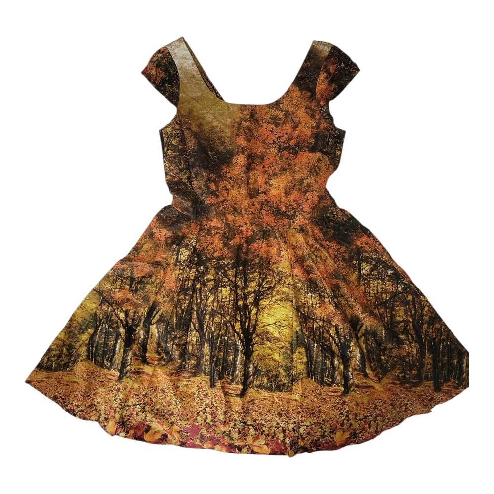 Retrolicious Autumn Woodland Print Dress - Orange Green Brown